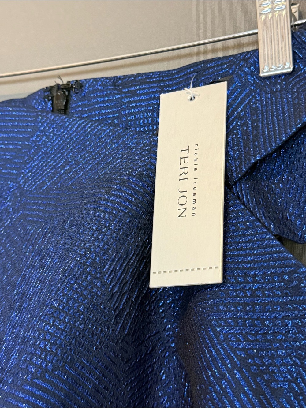 Teri Jon Rickie Freeman Sapphire Blue Metallic Off Shoulder Cocktail Dress 4 - Picture 7 of 14
